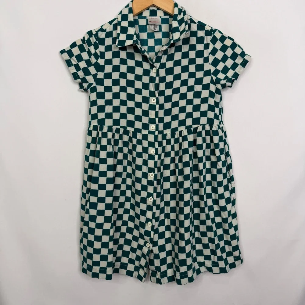 Hanna Andersson Girls Green White Checkered Button Front Dress Pockets 130 US 8